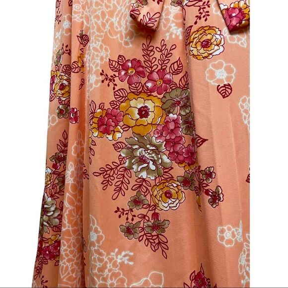 Vintage 70s Peach Floral Lace Trim Maxi Dress Goddess Cottage Core Gown XS S 2 4 - Picture 6 of 16